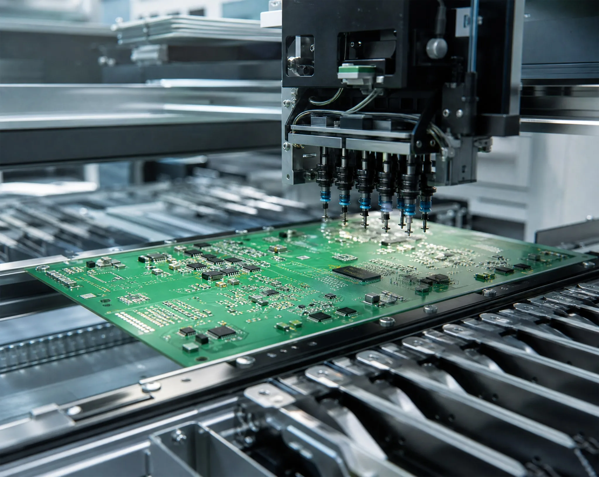Automated SMT pick-and-place machine assembling a PCB