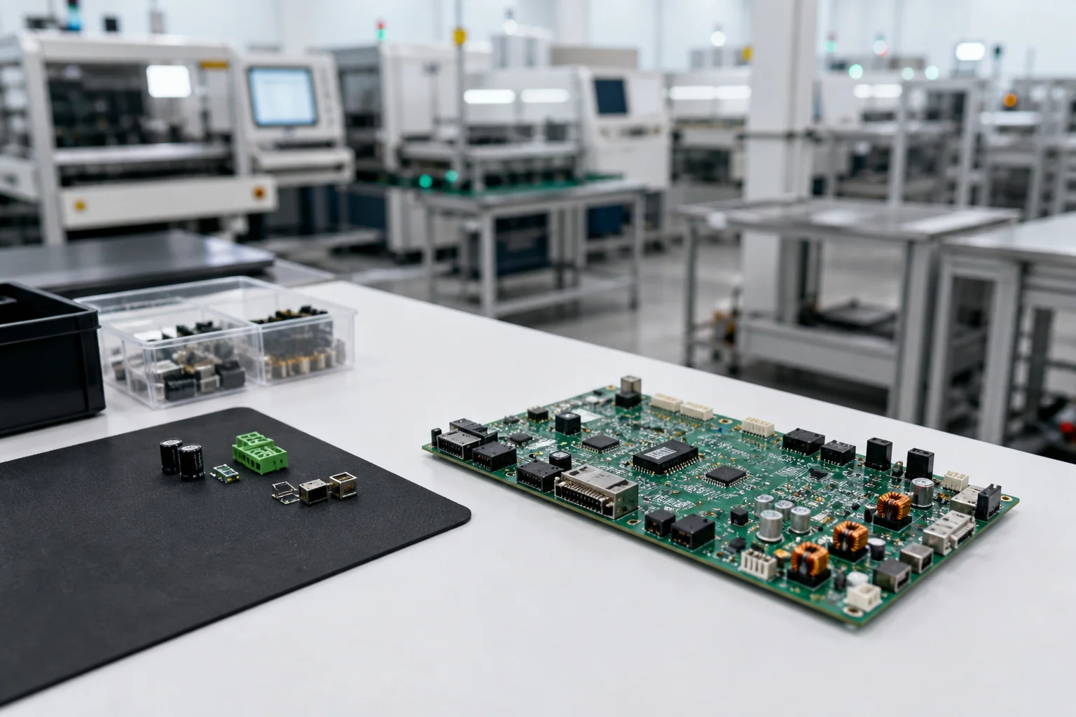 First-article prototype PCB assembly on a workbench