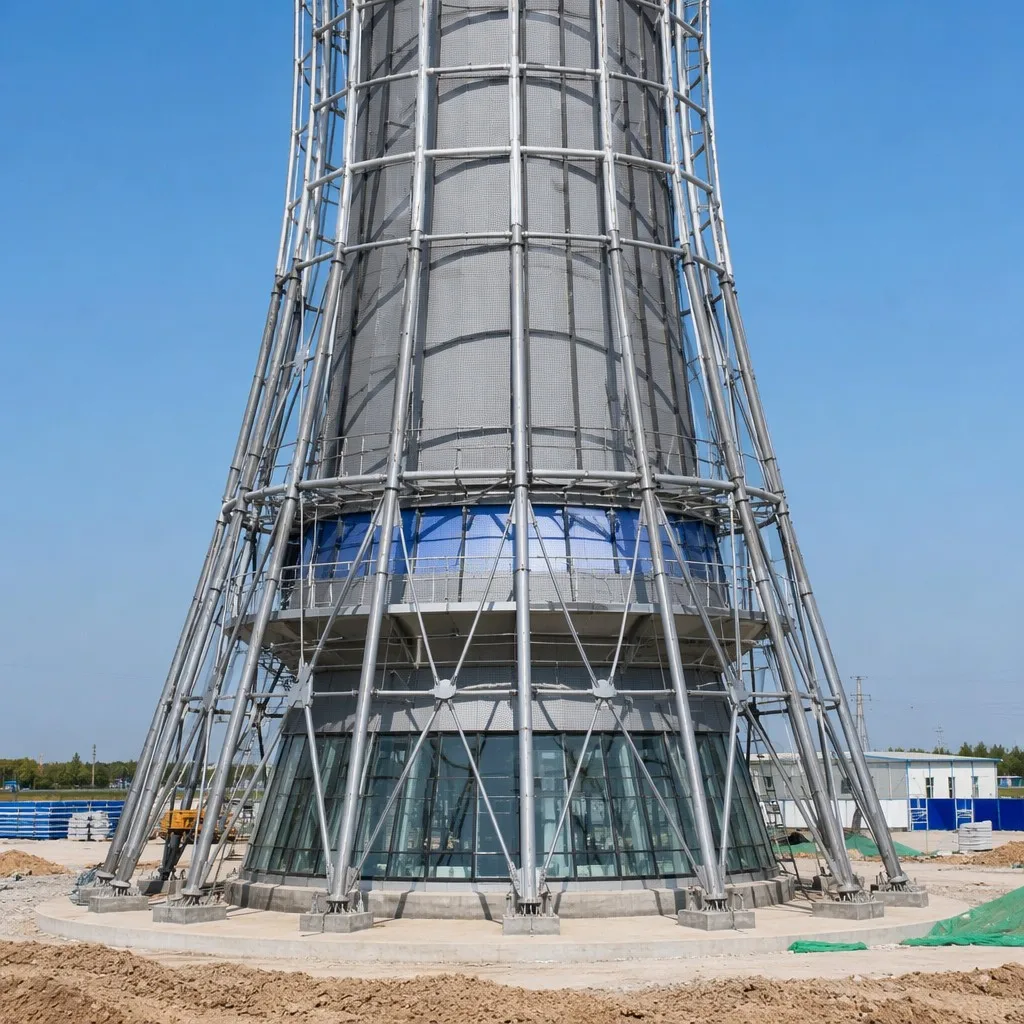 External framework and tapered body detail of a cylindrical radar tower