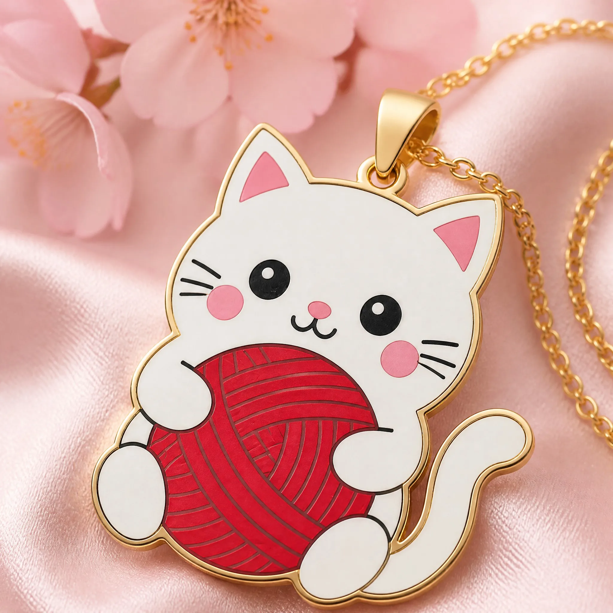 Close-up of silk screen cat pendant detail, flat print and gold metal on pink satin