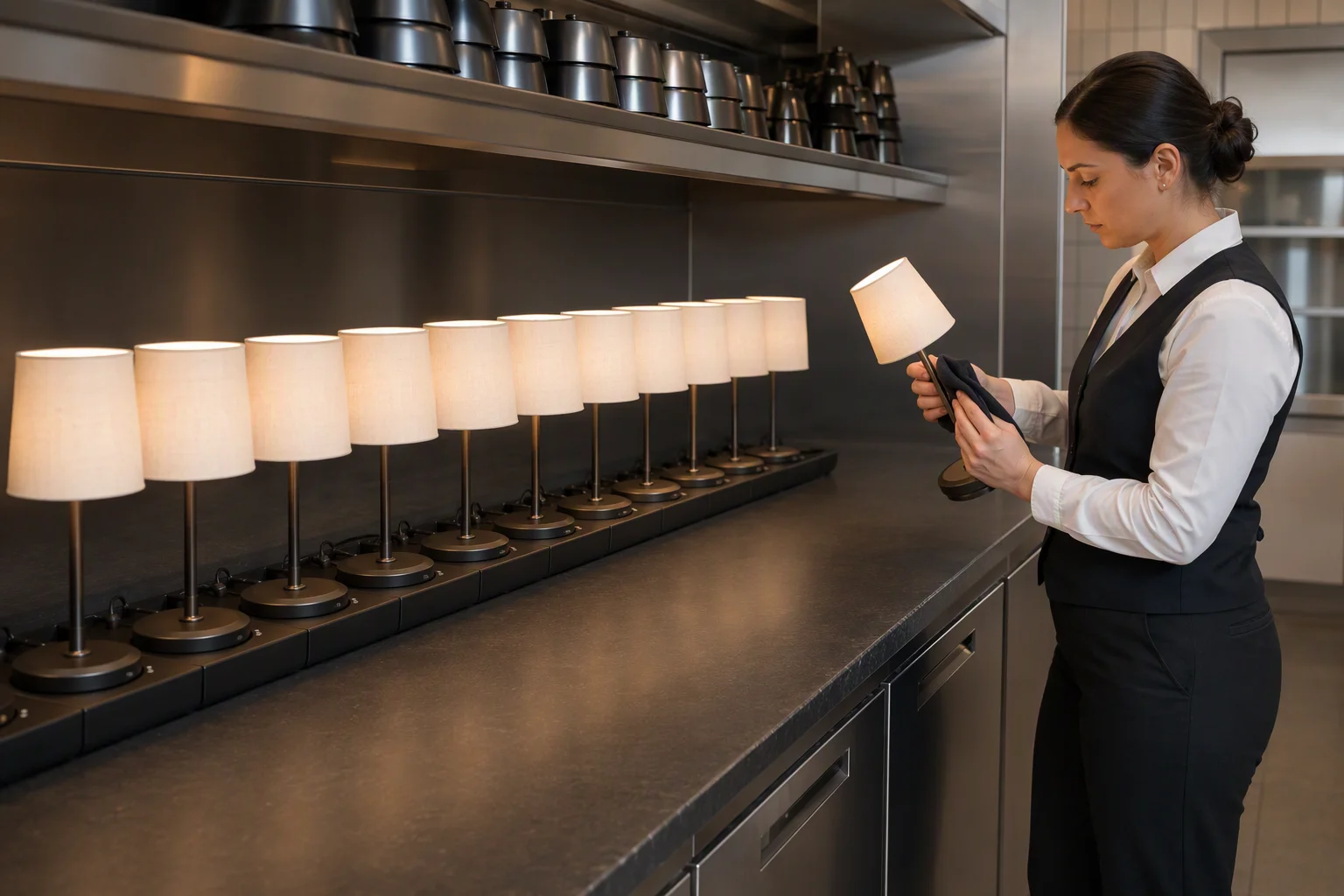 Back-of-house hospitality lamp inspection and charging workflow