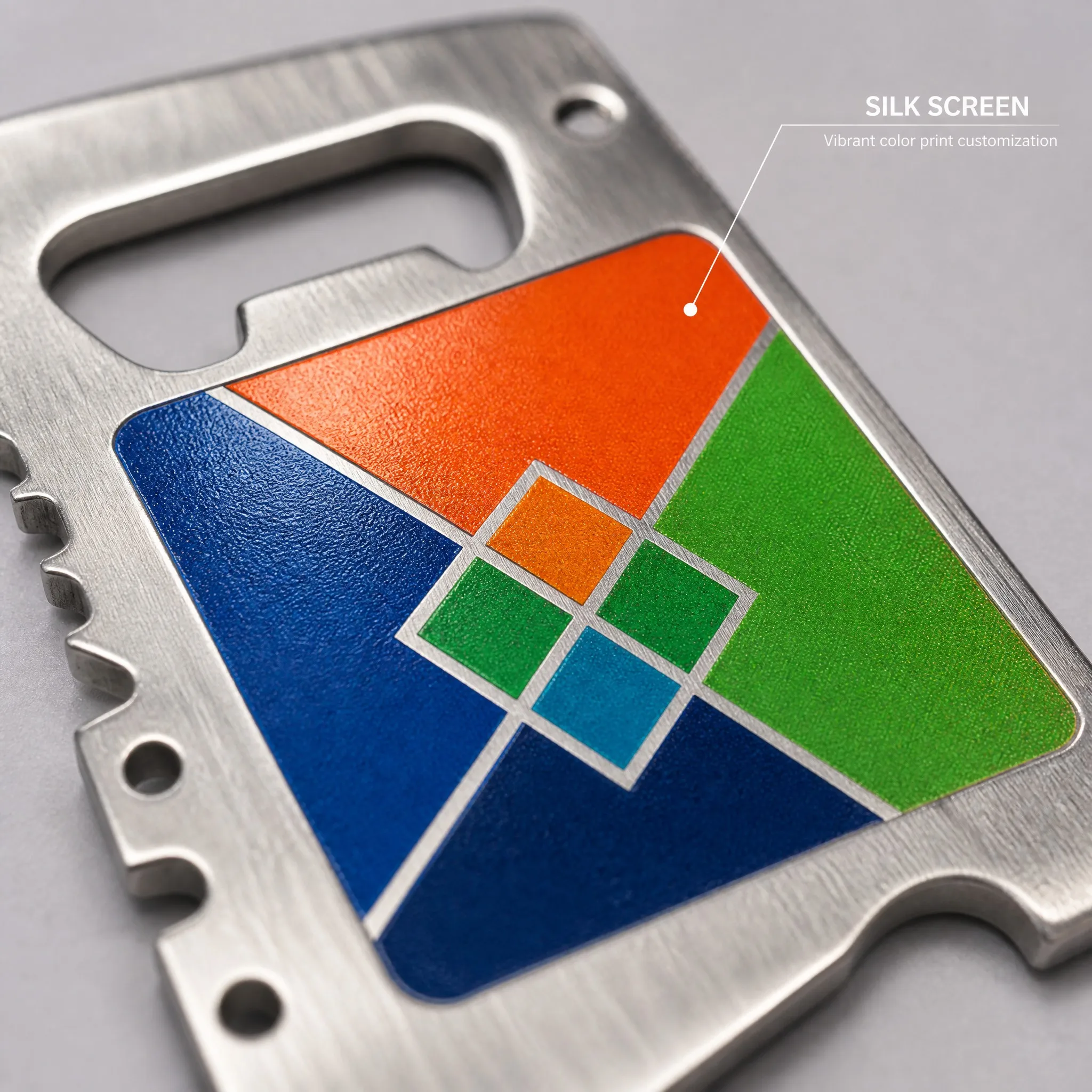 Macro close-up of vibrant silk screen printing on stainless steel