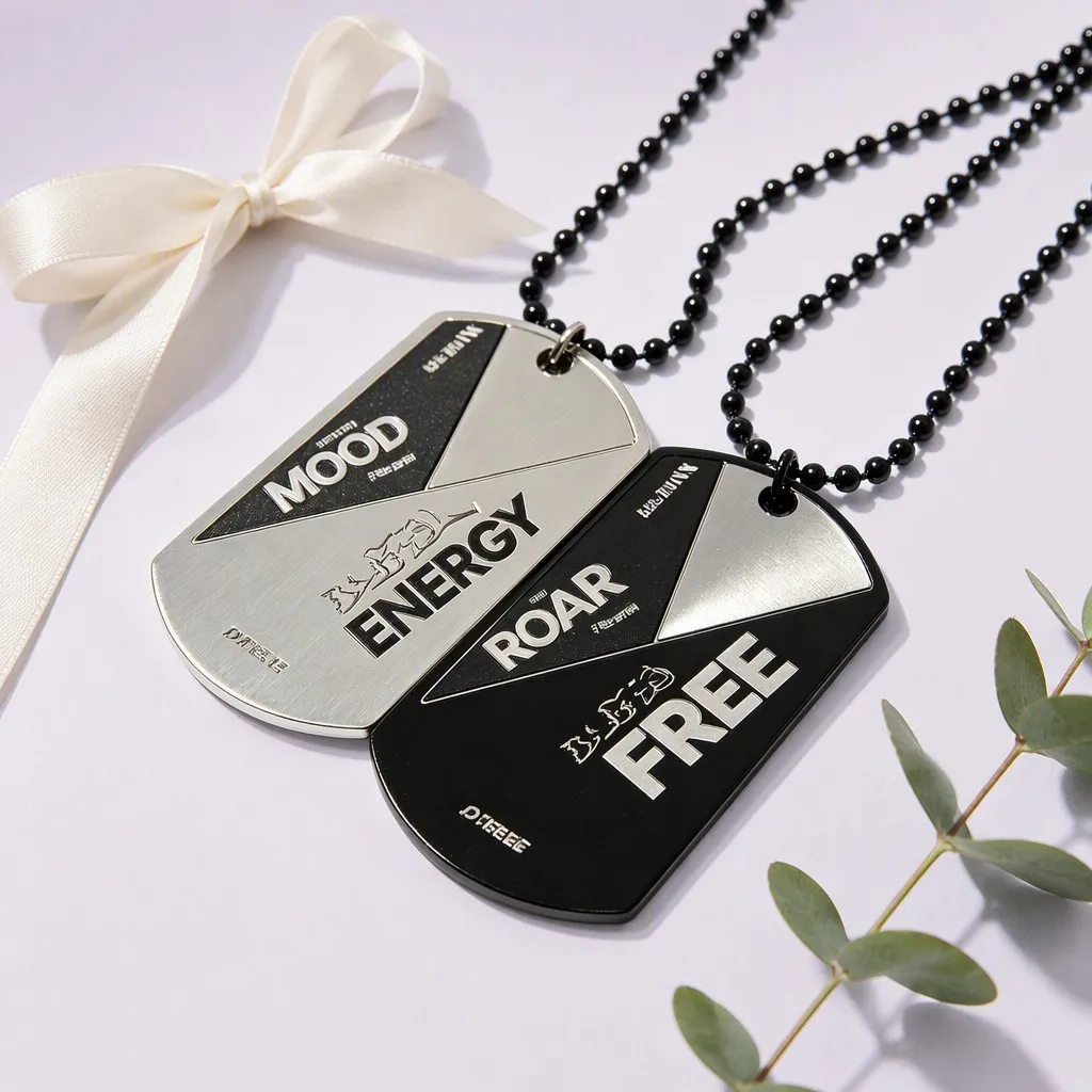 Silver and black mood dog tag duo on lavender backdrop