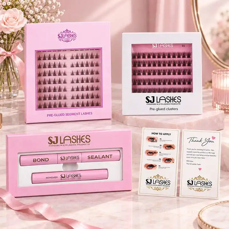 Complete DIY lash kit family on a marble surface with pink roses and satin ribbon: pink pre-glued segment lash box, white numbered pre-glued cluster box, pink bond sealant remover trio box, how to apply instruction card and thank you card - complete lash kit packaging family