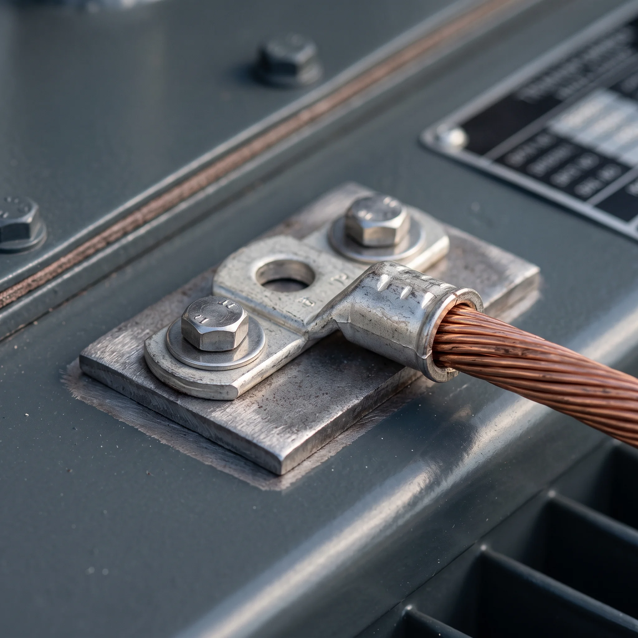 Two-hole compression lug and bare copper grounding electrode conductor landed on a transformer enclosure ground pad