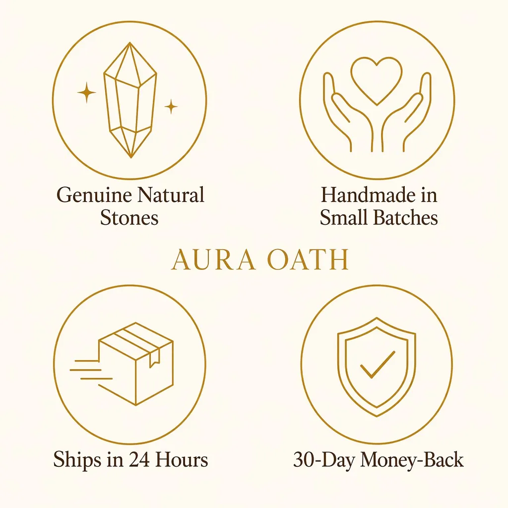 Aura Oath trust badges — genuine natural stones, handmade, fast shipping, money-back guarantee