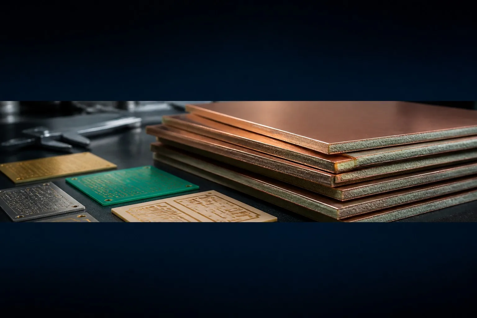 PCB laminate material samples - copper clad laminate stack and PCB coupons