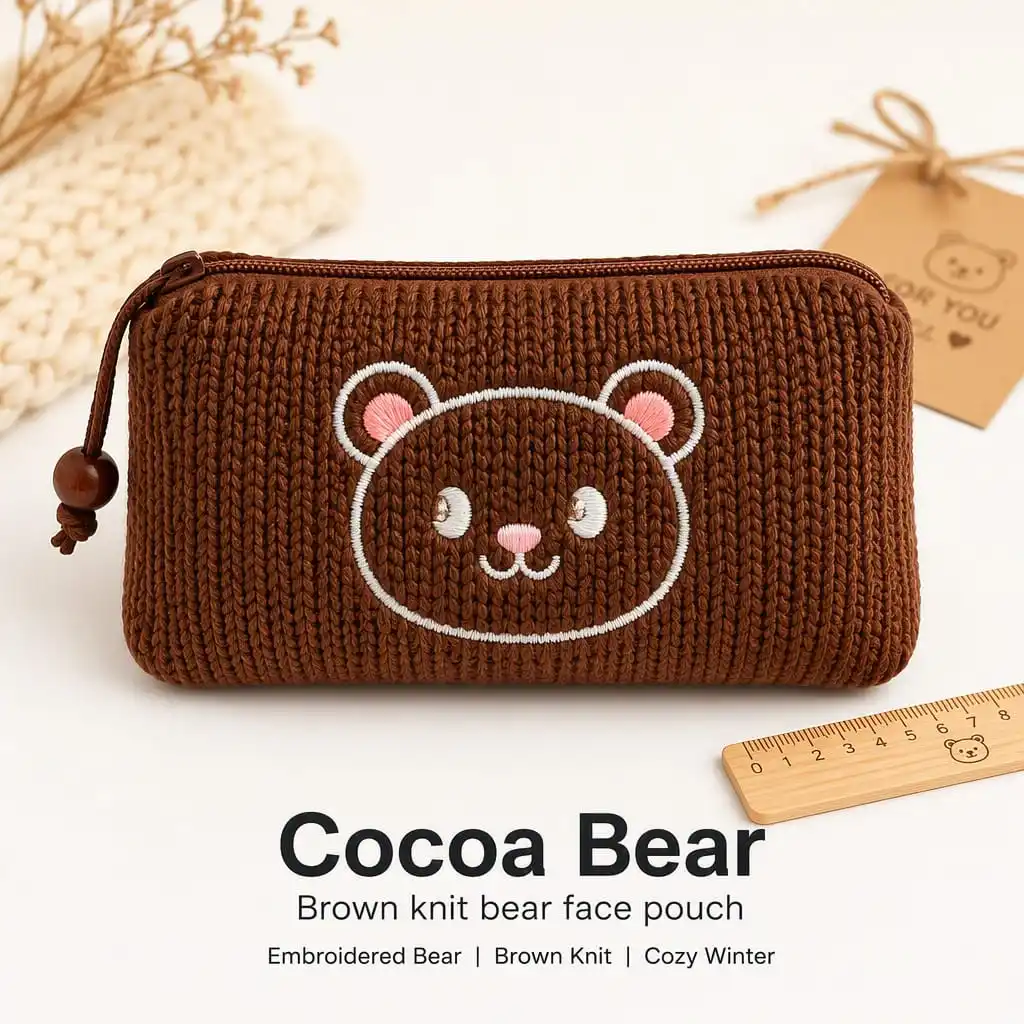 Cocoa Bear brown knit bear face pouch