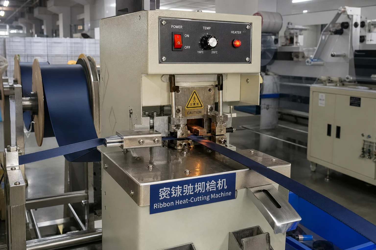 Documentary B2B factory photo ribbon heat-cutting edge-sealing machine operation narrow-fabric finishing line machine uses heated blade cut simultaneously seal polyester ribbon edge creating clean fray-resistant cut ribbon feeds through machine continuously finished edge visible exits industrial factory environment overhead lighting documentary production process photo