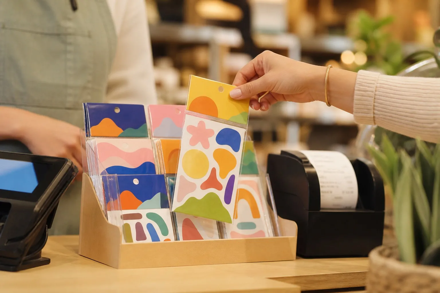 Customer buying sticker pack at checkout counter impulse purchase
