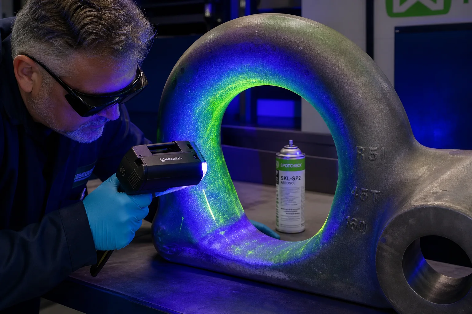 Quality inspector conducting fluorescent magnetic particle inspection MT on offshore shackle crown