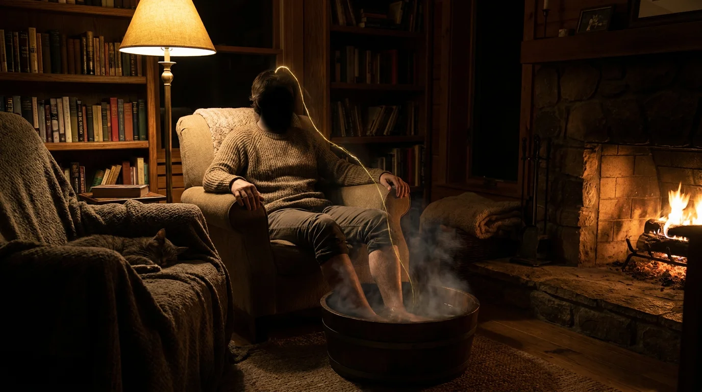 Person sitting in a dimly lit room, feet in a steaming basin, symbolizing neural grounding