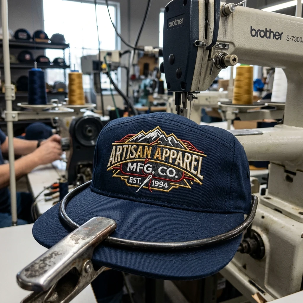High-density embroidery on a 5 panel vs 6 panel hat
