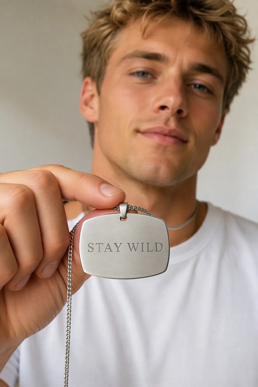 Silver dog tag necklace engraved STAY WILD held close