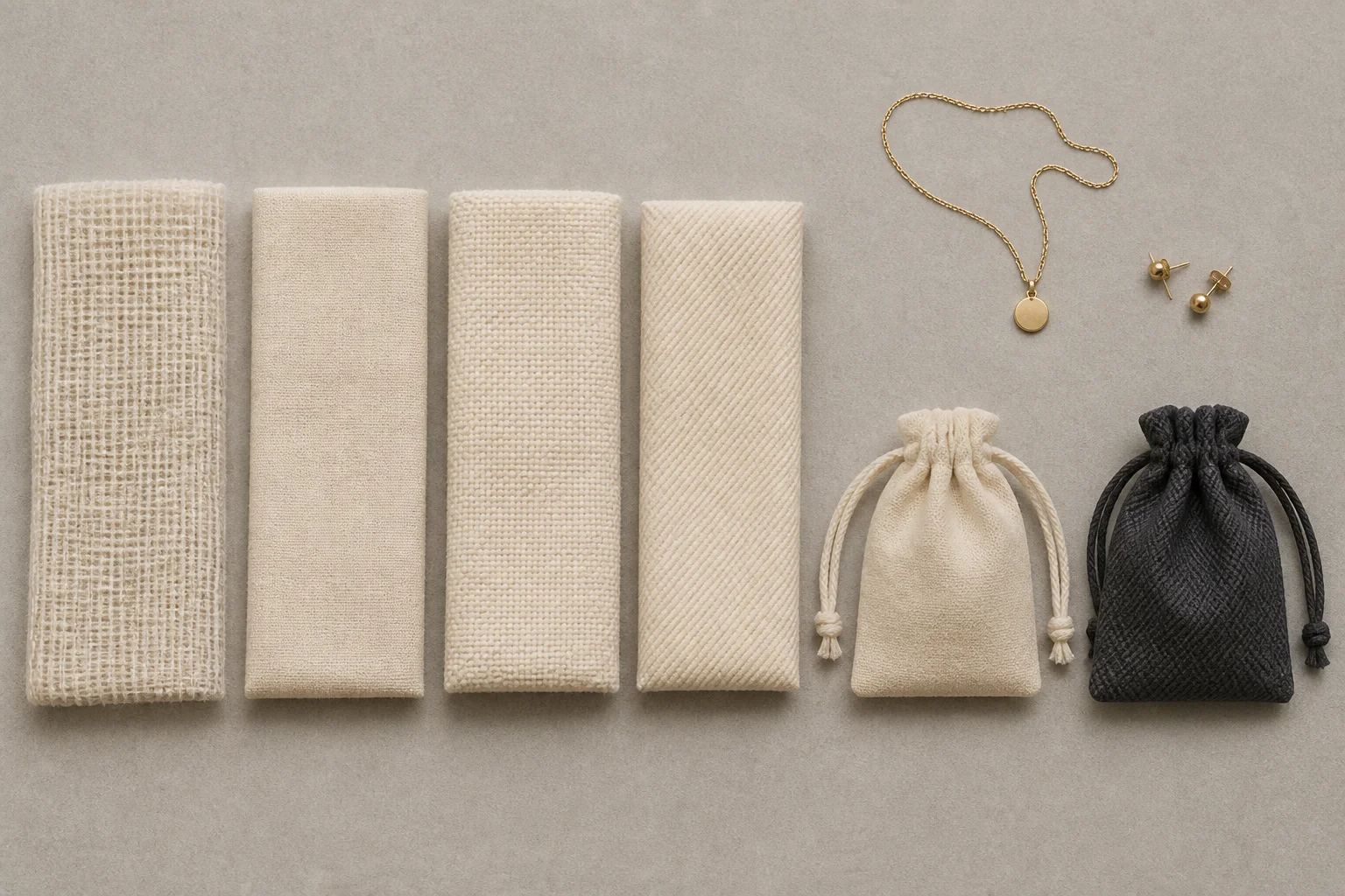 Overhead flat lay on a warm-grey studio surface: four folded undyed cotton swatches in a row showing progressively different weave surfaces, from an open airy muslin through a smooth calico and a heavier canvas grid to a diagonally ribbed twill, with a cream cotton drawstring pouch and a charcoal twill drawstring pouch below them, and a fine gold chain with a round disc pendant and a pair of small gold stud earrings resting on the surface above