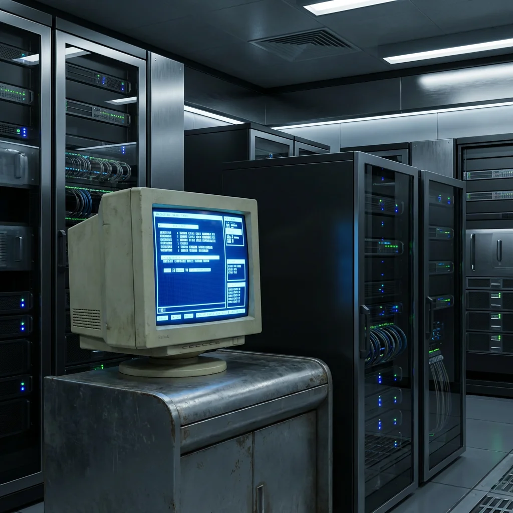 Sala de control Legacy DCS con HMI vintage y entorno moderno de servidores renderizado en 3D