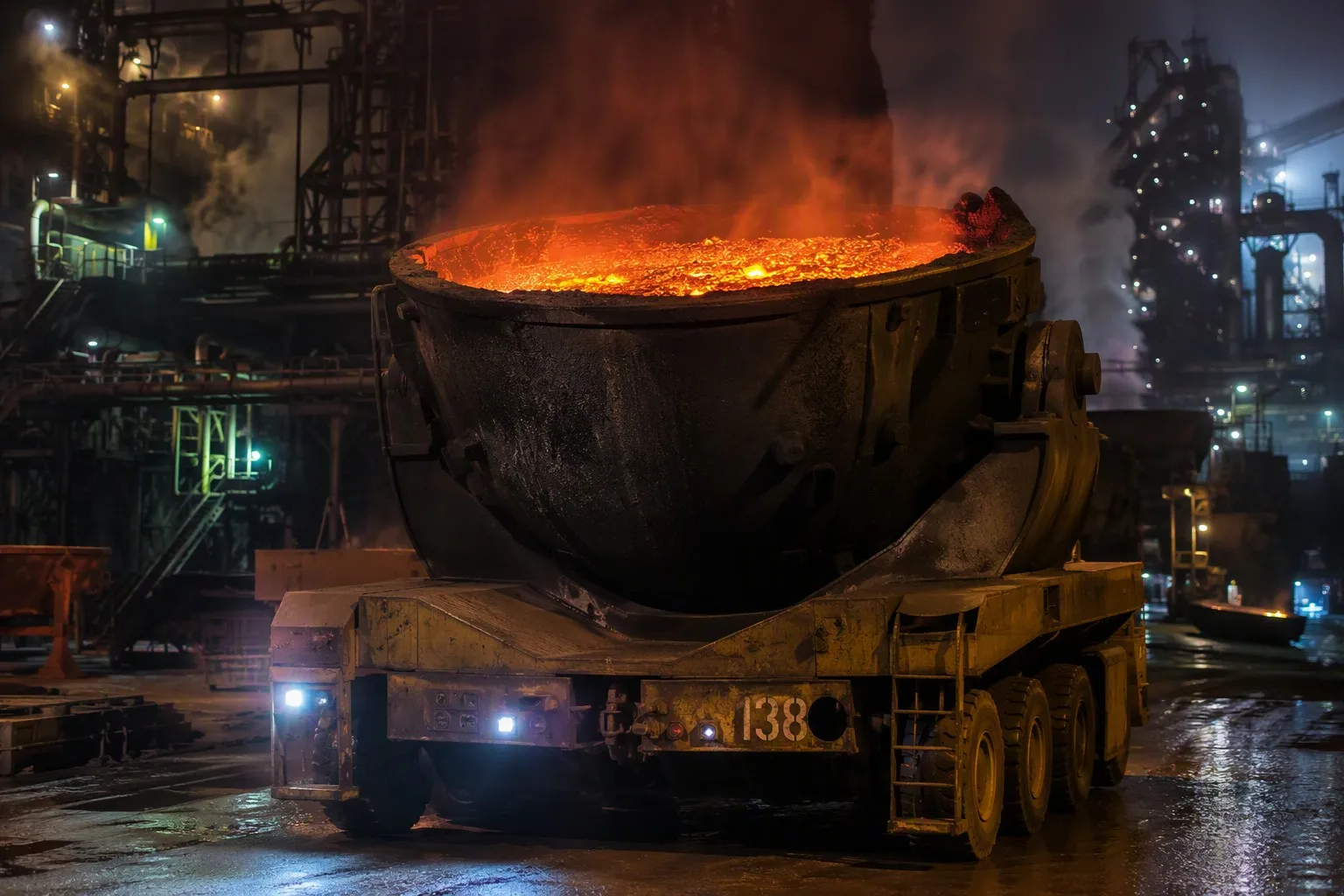 Slag pot filled with molten slag being transported by carrier at steel mill