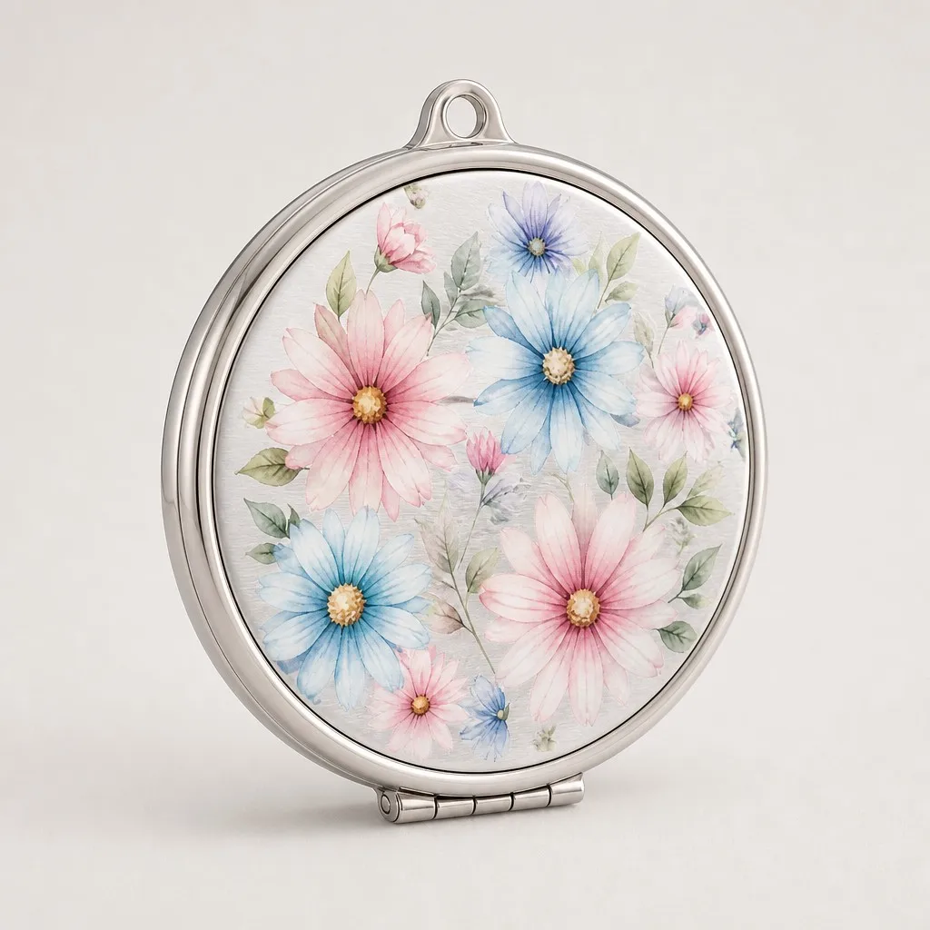 UV printed watercolor floral design on brushed stainless steel makeup mirror