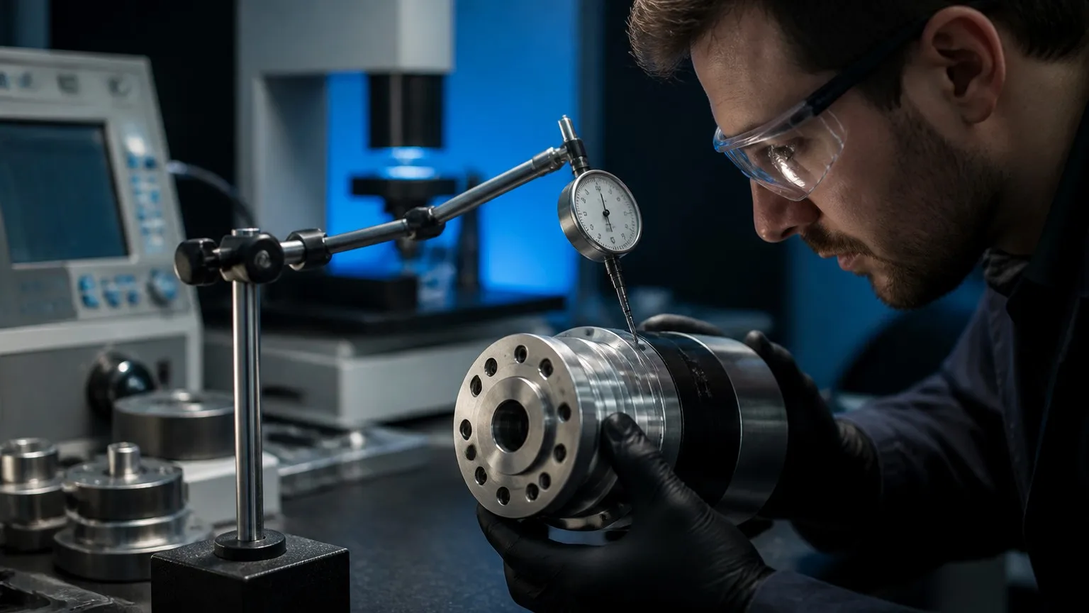 Engineer measuring a robot joint module output flange with a dial indicator on a workbench