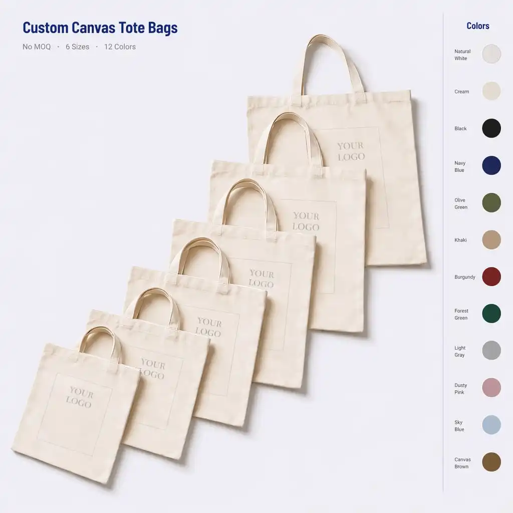 Six sizes of natural cotton canvas tote bags with 12 color swatches