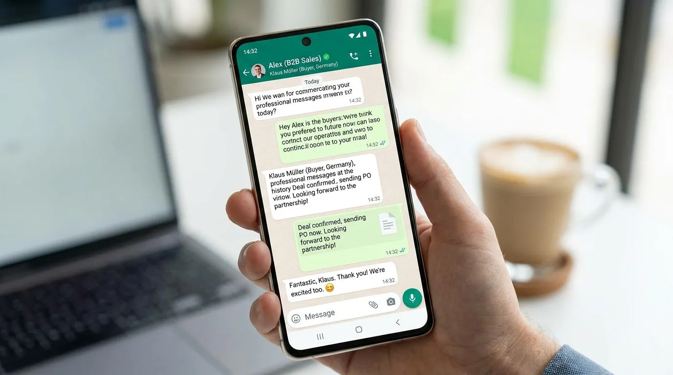 展示专业WhatsApp Business聊天界面，体现与欧洲买家成功确认PO订单的实战场景