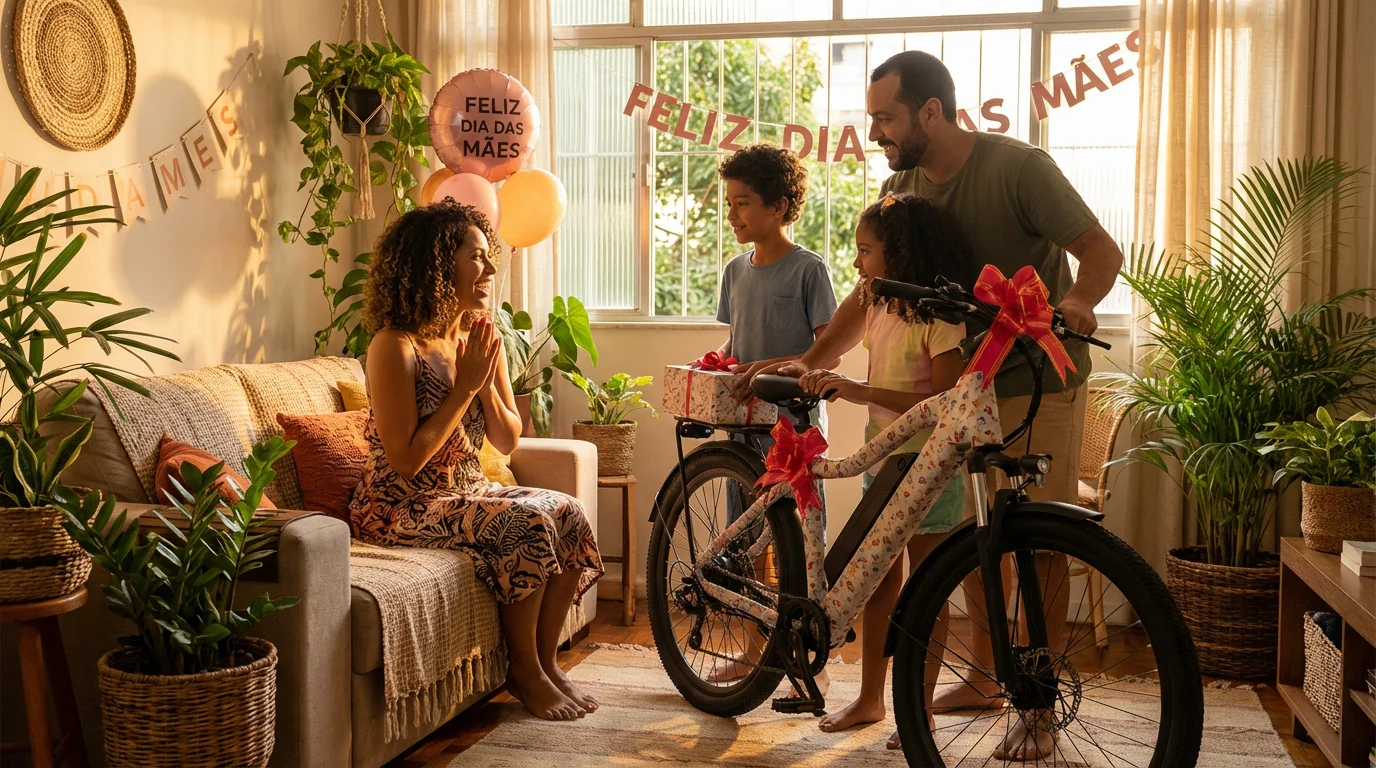 Mãe brasileira recebendo uma bicicleta elétrica de presente no Dia das Mães