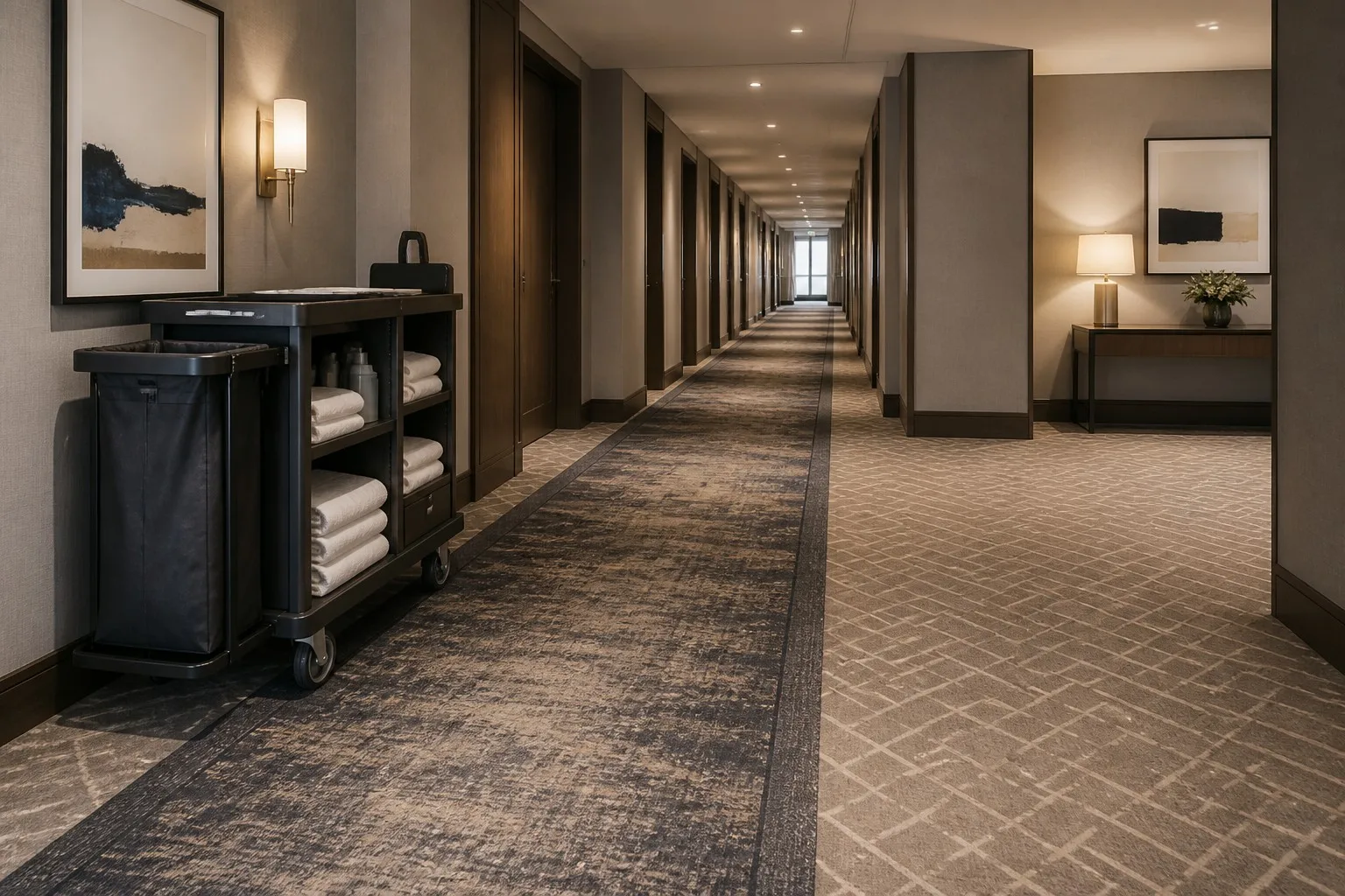 Hotel corridor carpet maintenance scene with professional cleaning equipment