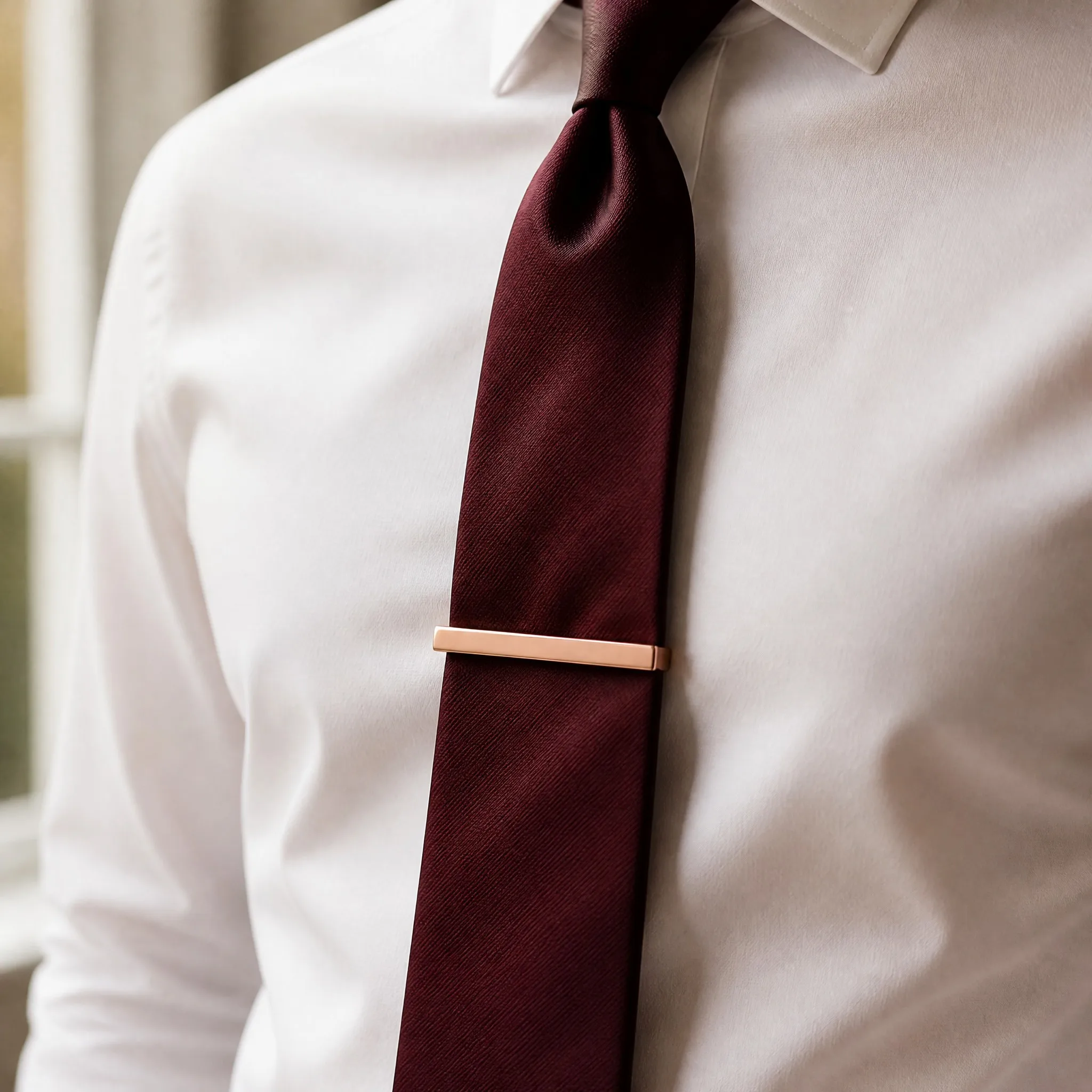 Mirror polished plain tie clip worn on burgundy silk tie