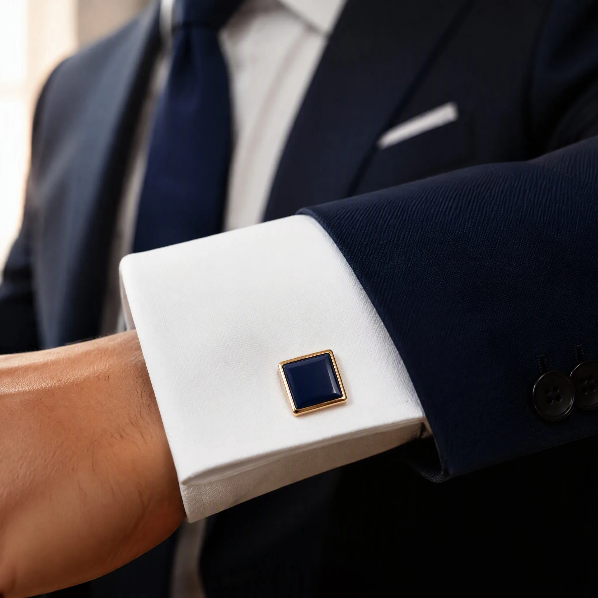 Enamel cufflinks worn on white dress shirt cuff