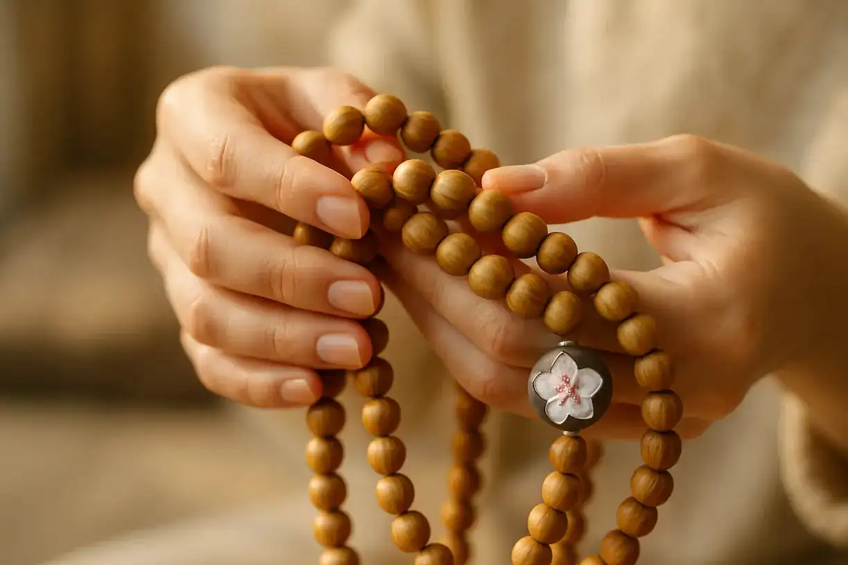 Macro shot of hands holding sandalwood mala beads