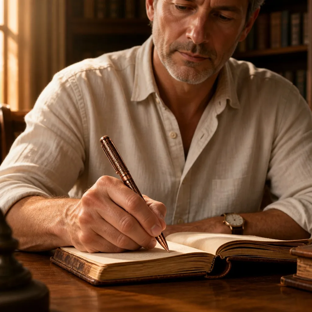 Man writing with antique copper vintage pen in a warm study