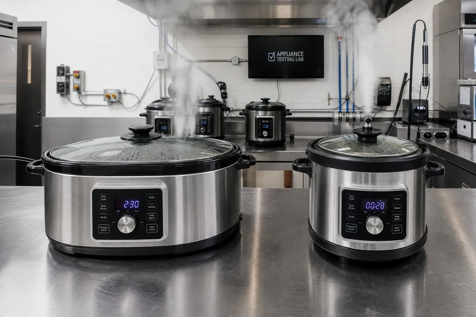 Oval tempered glass lids on electric pressure cookers and multi-cookers in commercial kitchen testing facility