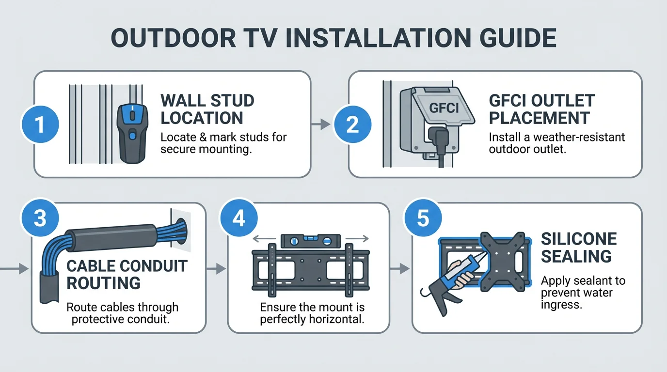 Outdoor TV installation steps: stud location, GFCI outlet, cable routing, mount leveling, and waterproof sealing
