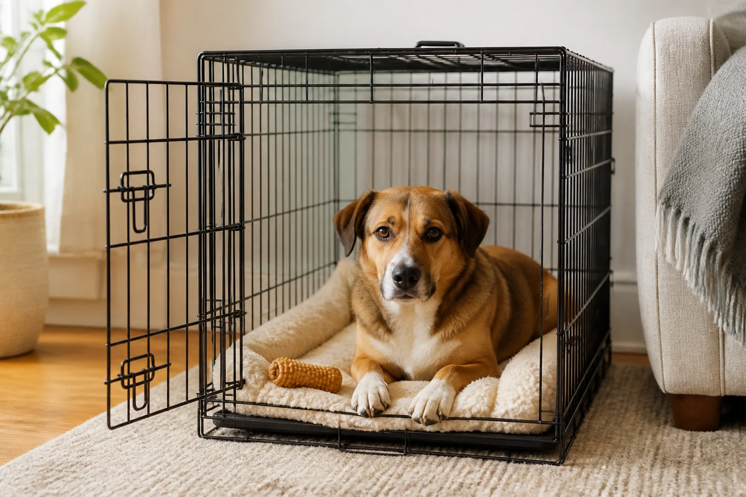 A dog resting calmly in a wire crate with the door open