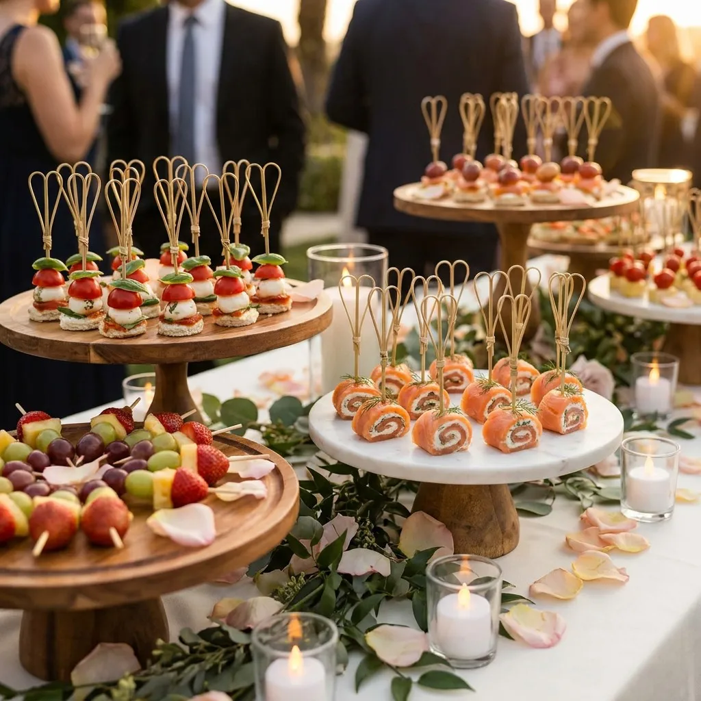 Wedding reception appetizer table with heart shaped bamboo picks in canapes caprese skewers on tiered stands with candles and rose petals