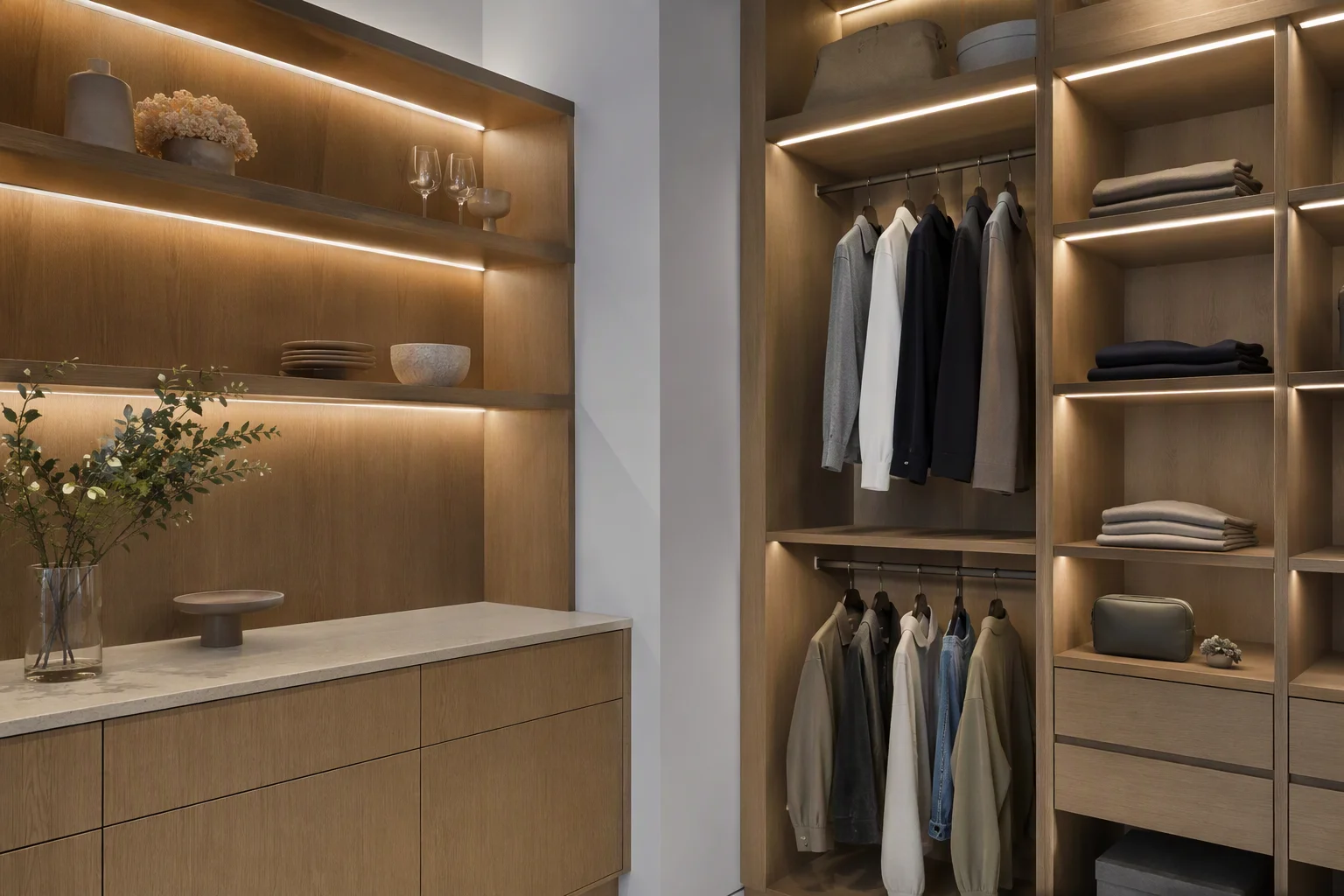 Custom kitchen cabinets and wardrobe shelving illuminated by cut-anywhere COB LED strips