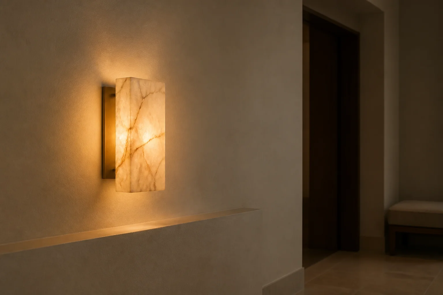 Translucent stone wall sconce glowing warm amber on a hotel corridor wall, with fine veining visible through the shade