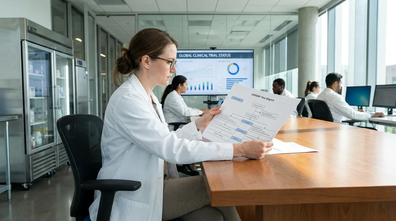 Researcher reviewing a CONSORT flow diagram