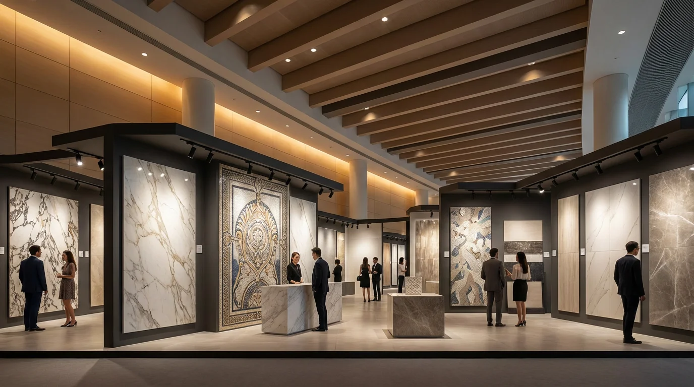 Coverings 2026 tile and stone exhibition show floor with luxury ceramic displays and visitors