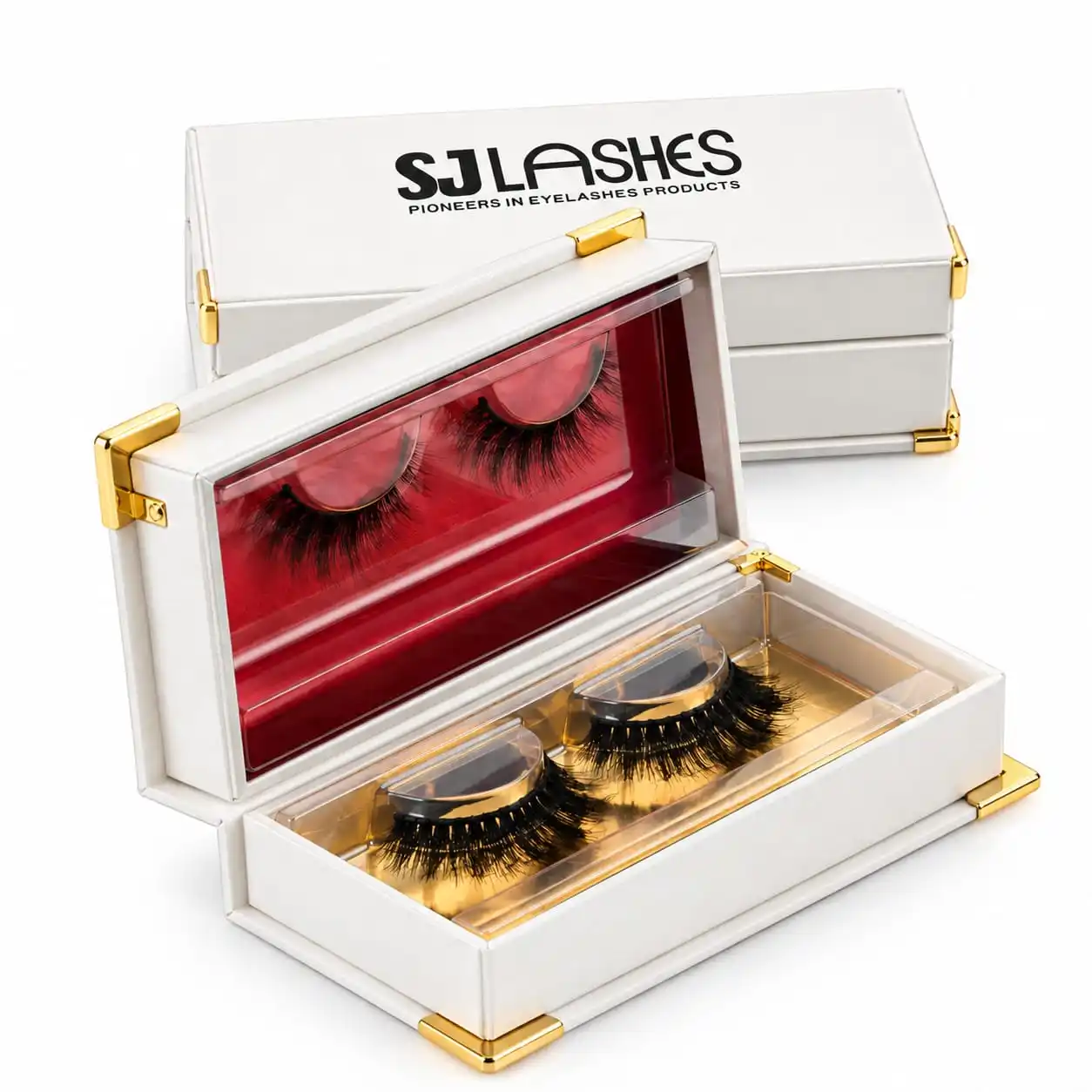 White bifold lash gift box with gold hardware, red velvet insert in the lid and gold insert in the base, each holding a lash pair under a clear cover - white and gold lash gift box