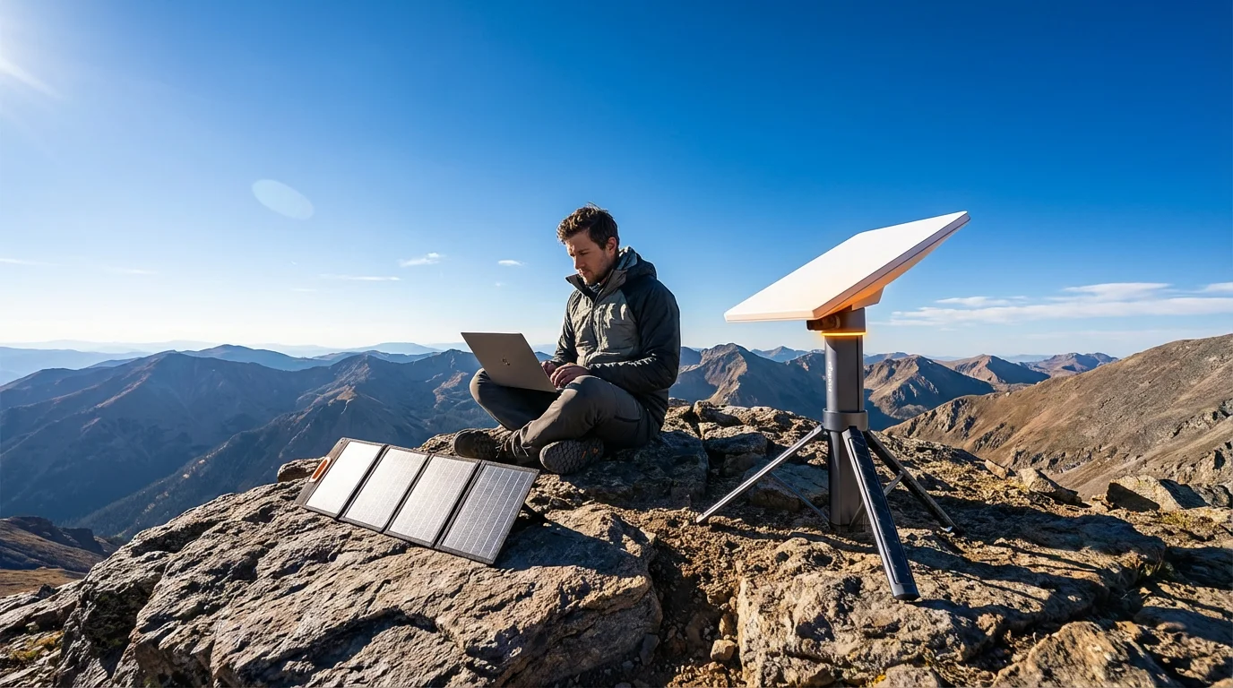 Overlander working on laptop at mountain summit with MK-1, Starlink Mini and foldable solar panel