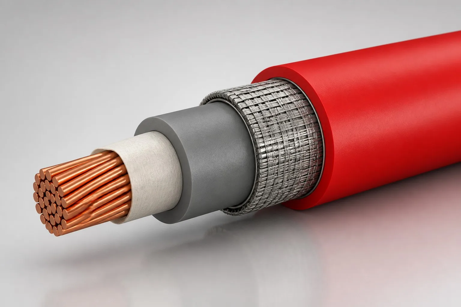PH30 cable cutaway — copper core, mica tape, insulation, screen, red LSZH sheath