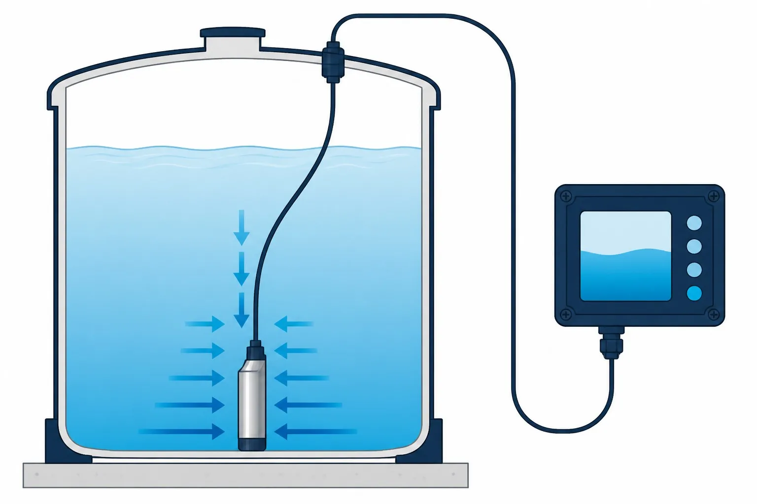 Hydrostatic level measurement principle: probe at tank bottom connected to a display