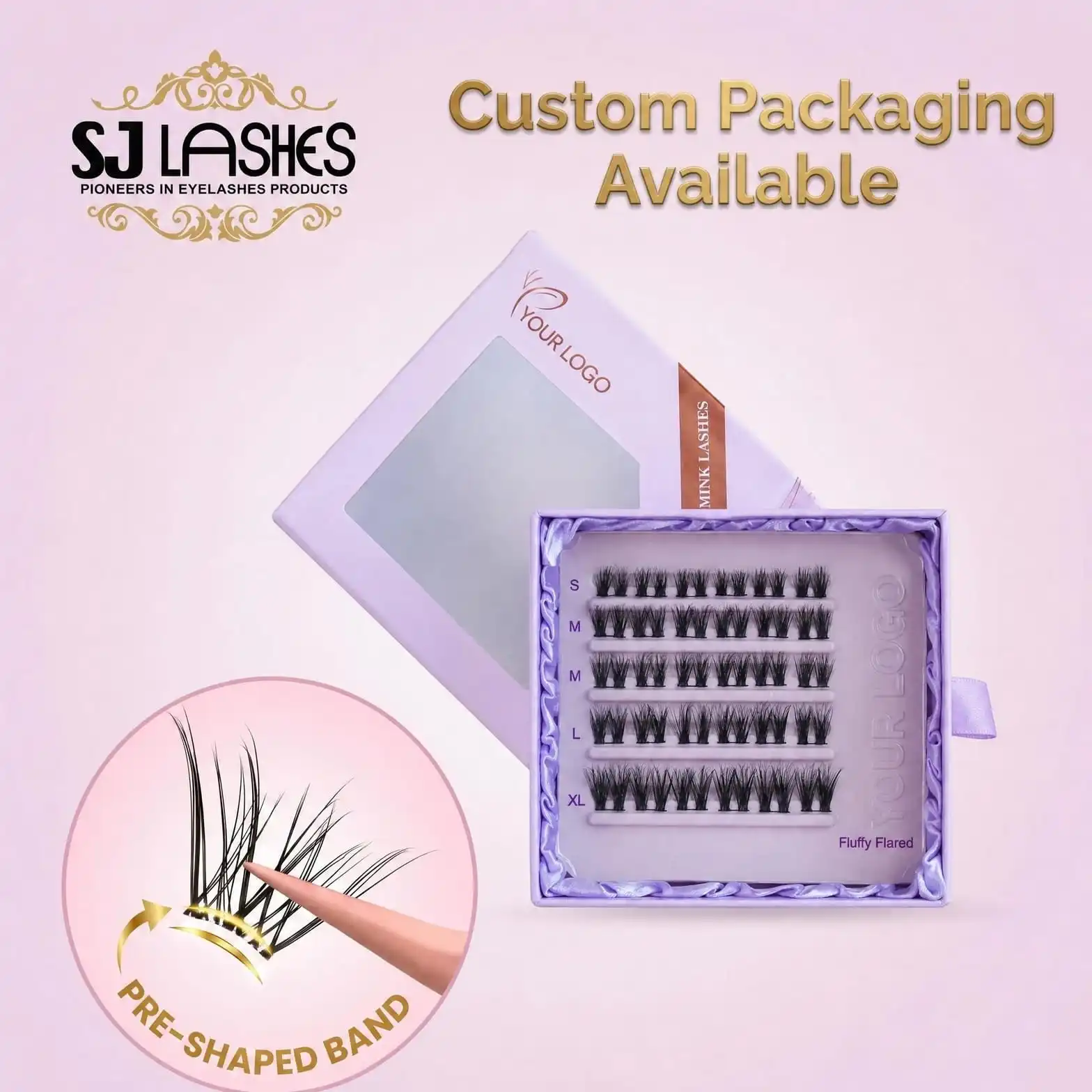 Purple slide-out lash box with satin ribbon, linear tray, embossed YOUR LOGO area, size-labelled S M L XL rows and a pre-shaped band callout - premium purple drawer lash box preview