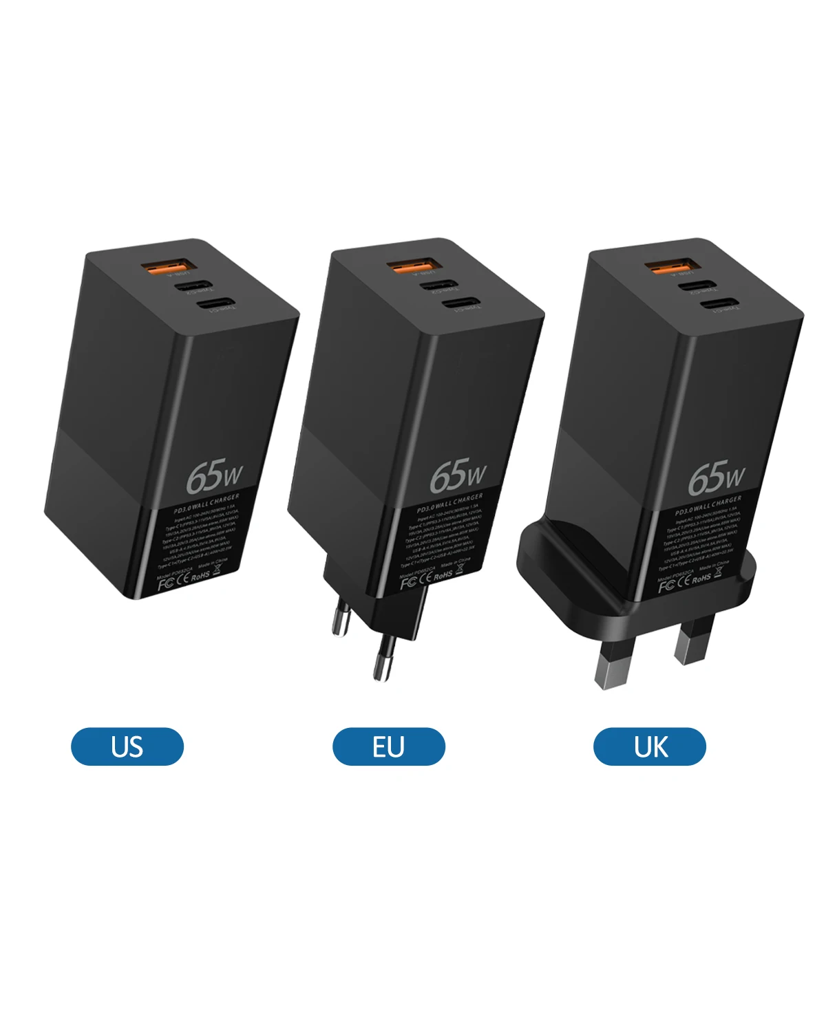 

CE FCC RoHS OEM PPS PD Charger Adapter QC 3.0 Type- C Port Gan PD 65W Fast Travel Charger Gan Laptop 65W Gan Charger