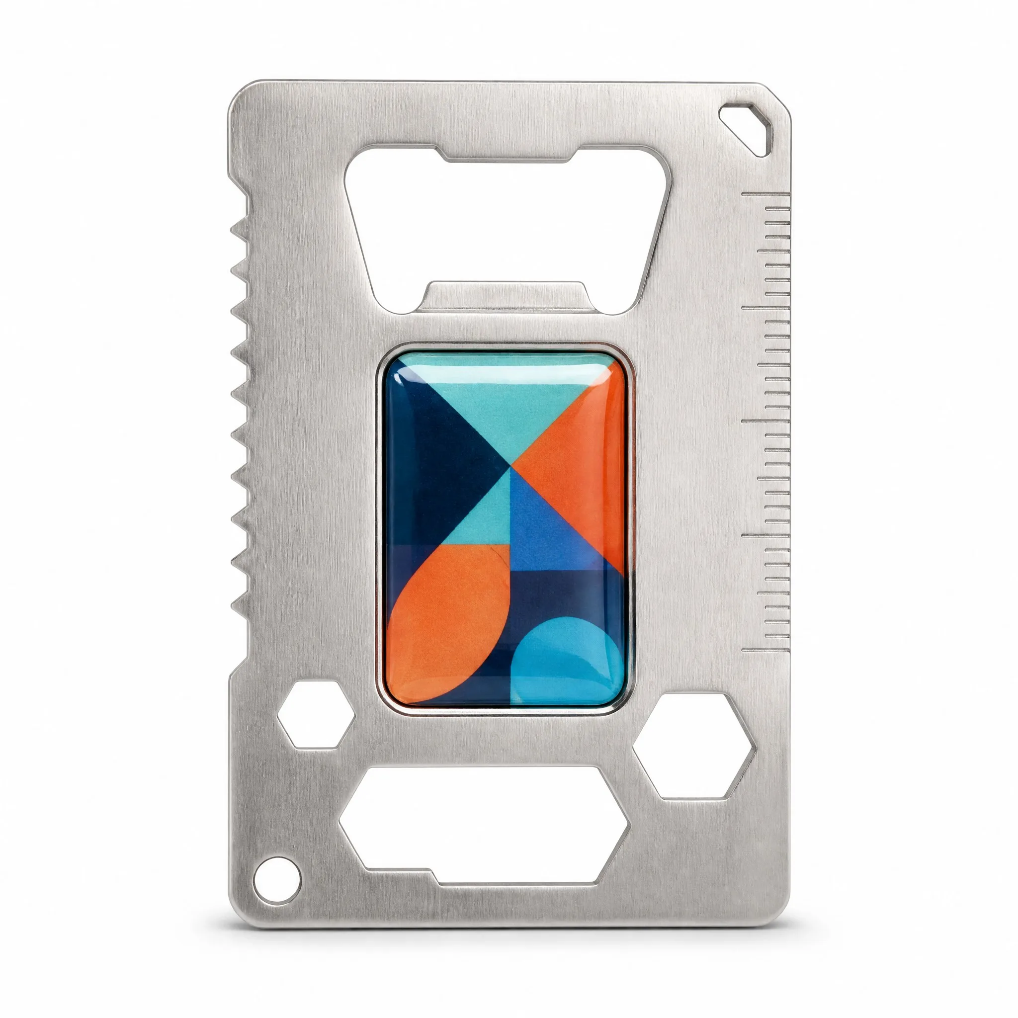 Custom epoxy domed stainless steel credit card bottle opener multi-tool