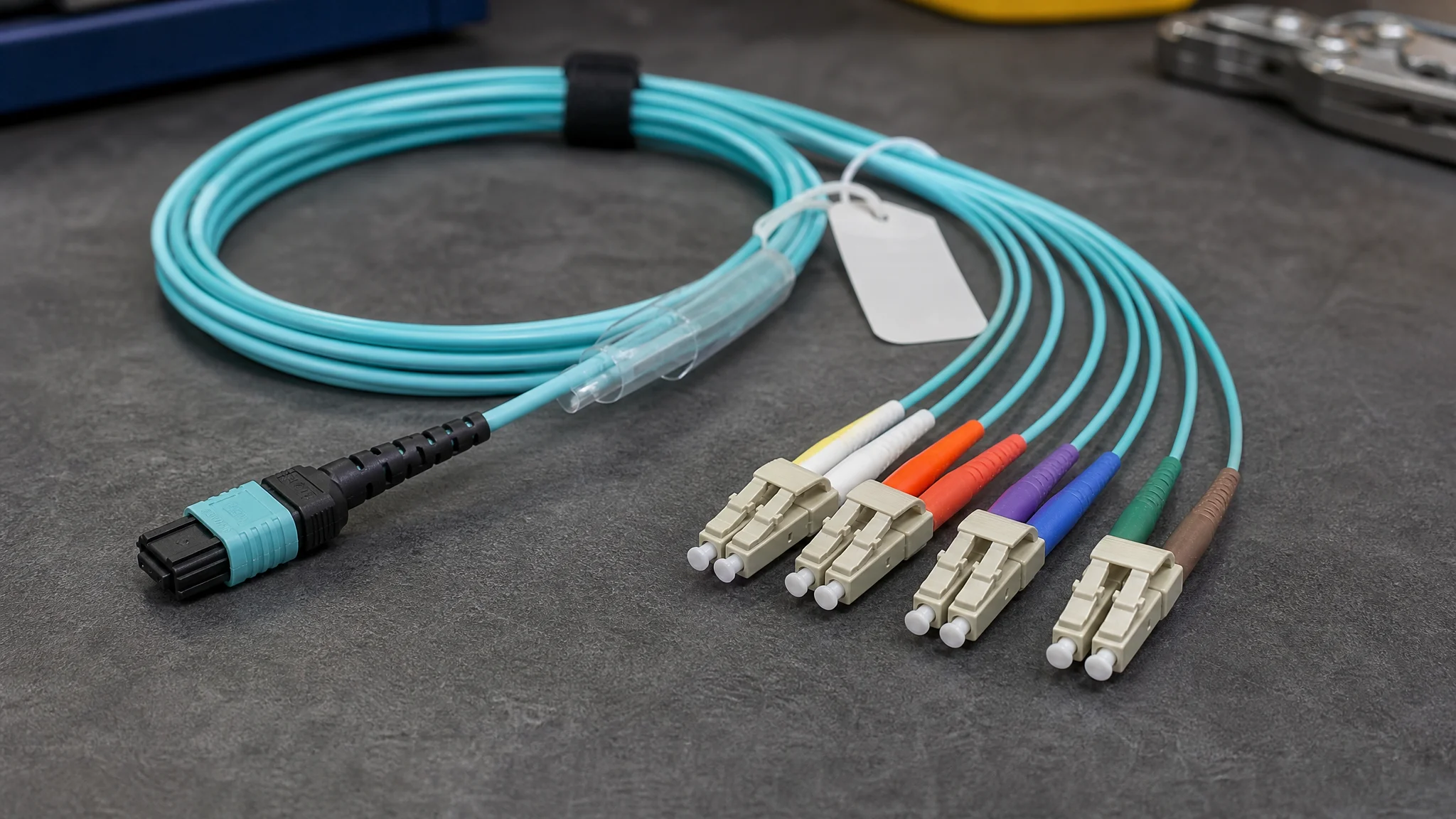 MPO to LC breakout fiber assembly with colored legs on a workbench