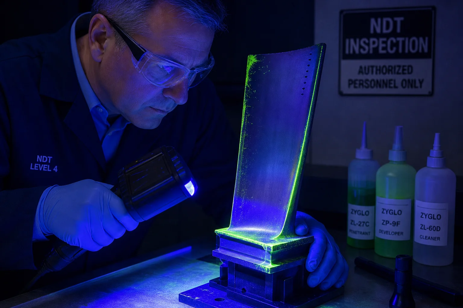 NDT quality inspector conducting Level 4 fluorescent liquid penetrant inspection PT on turbine vane