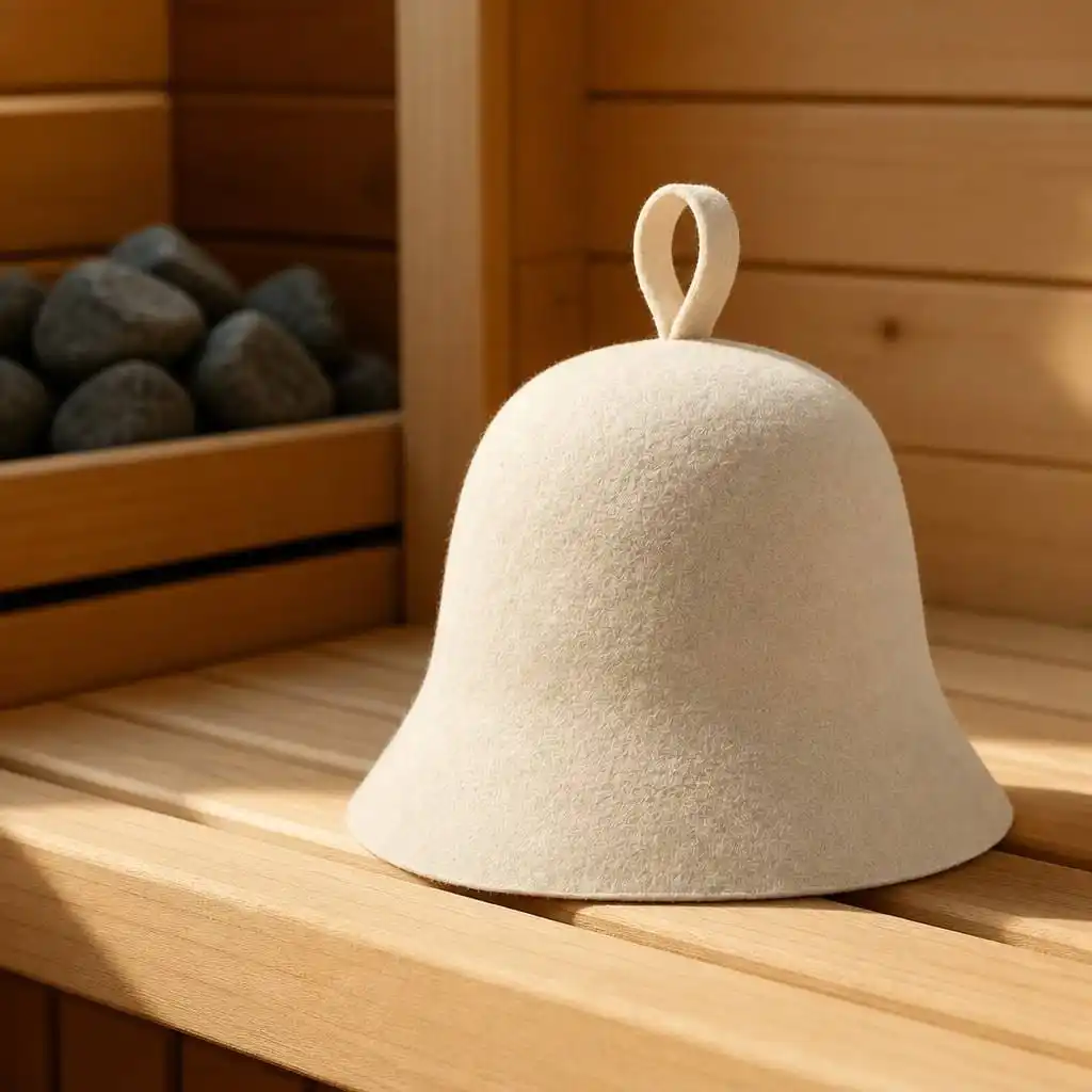Cream merino wool felt sauna hat with a hanging loop resting on a wooden sauna bench beside a tray of stones