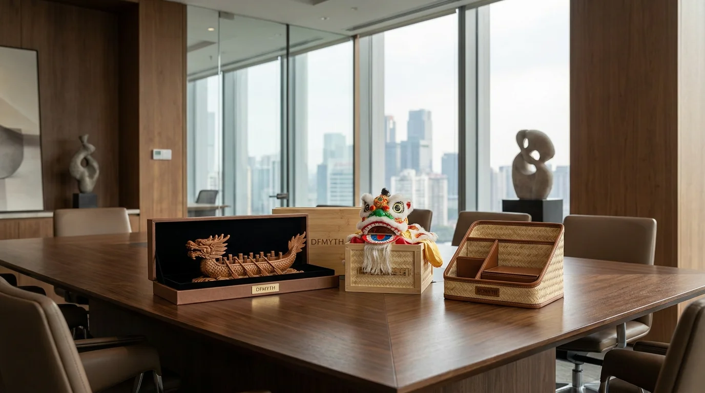 Luxury boardroom presentation of handcrafted heritage corporate gifts including dragon boat and lion dance models